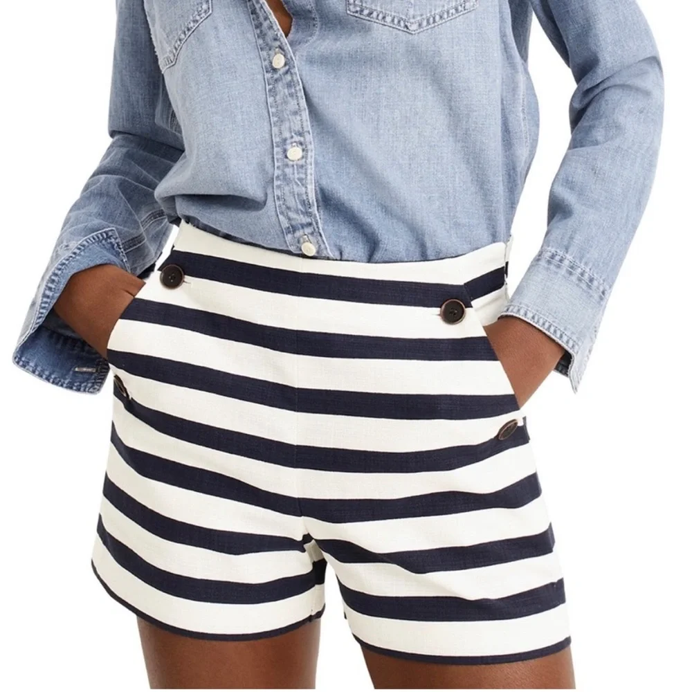 J. Crew Navy and White Striped High-Waist Shorts